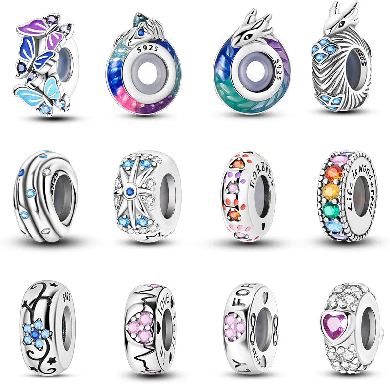 100% 925 Sterling Silver Rainbow Zircon Butterfly Dragon Silicone Stopper Charms - Colorful Beads for DIY Bracelets, Customizable Jewelry for All Occasions