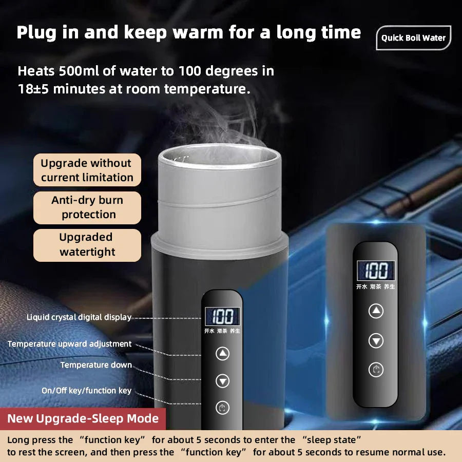 Electric Kettle 12V24V Portable Car Heating Cup 500ml Travel Heating Touch Screen Intelligent Adjustable Temperature Thermal Cup