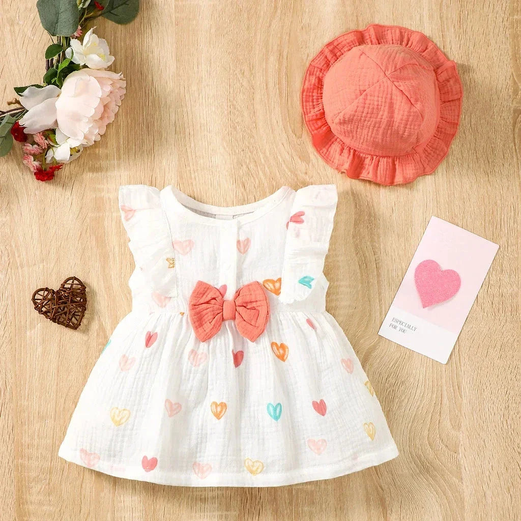 Baby Girl Summer Dress Set (0–9M) – Love Print Sleeveless Dress with Matching Hat