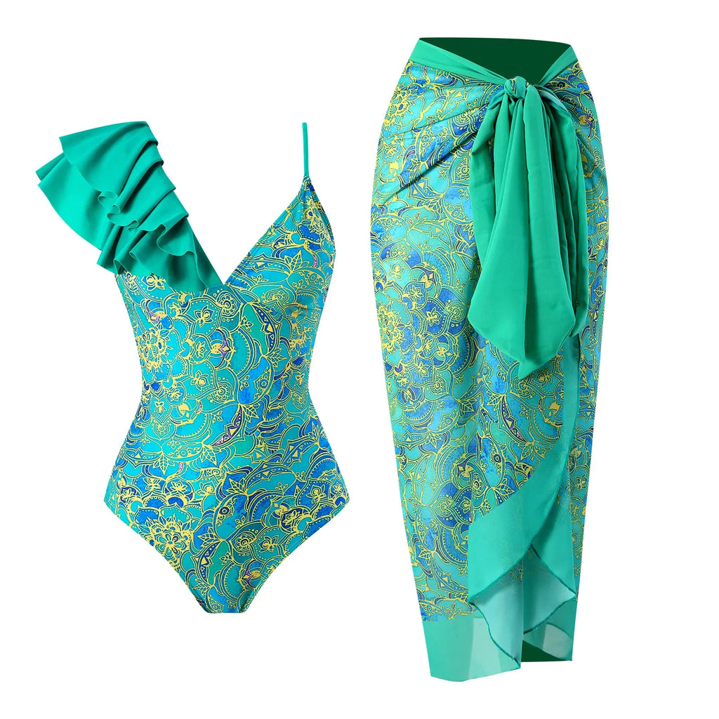 2-Piece Women Brazilian Floral Printed Ruffle Bikinis Strappy Bandage Swimwear