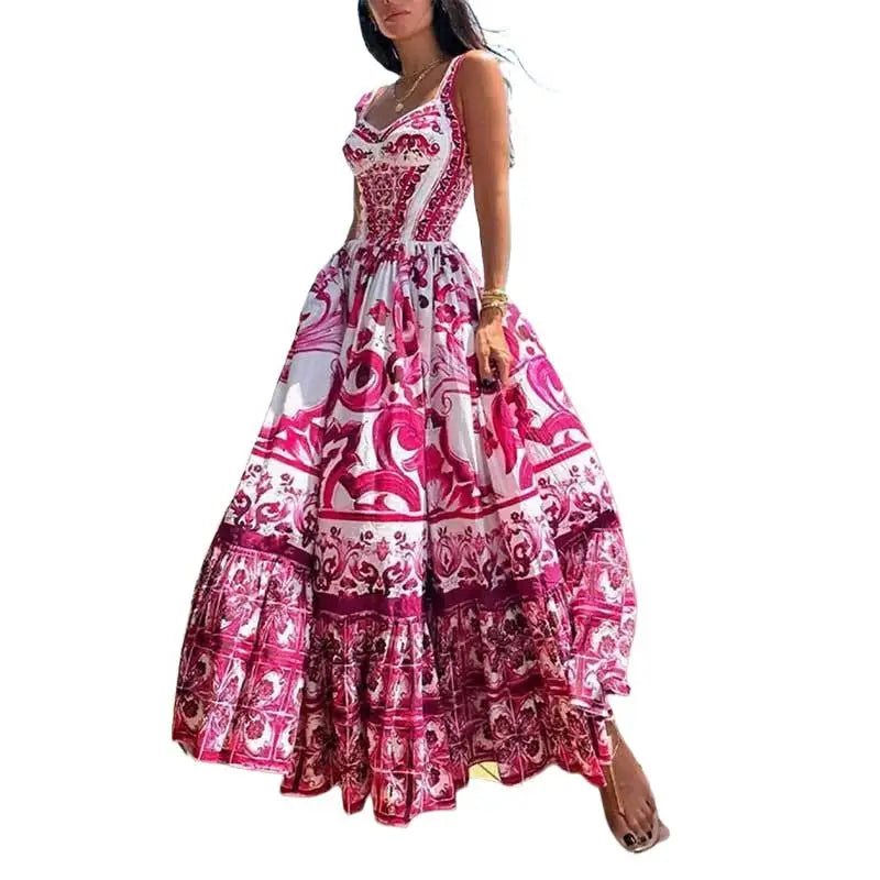 Elegant Summer Bohemian Sling Print Sleeveless A-line Long Dress