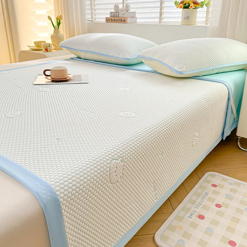 Summer 1PC Blue Cooling Pad Bed, Cute Cartoon Bear Printing Silk Pad, Washable Air Conditioning Soft Pad, Class A