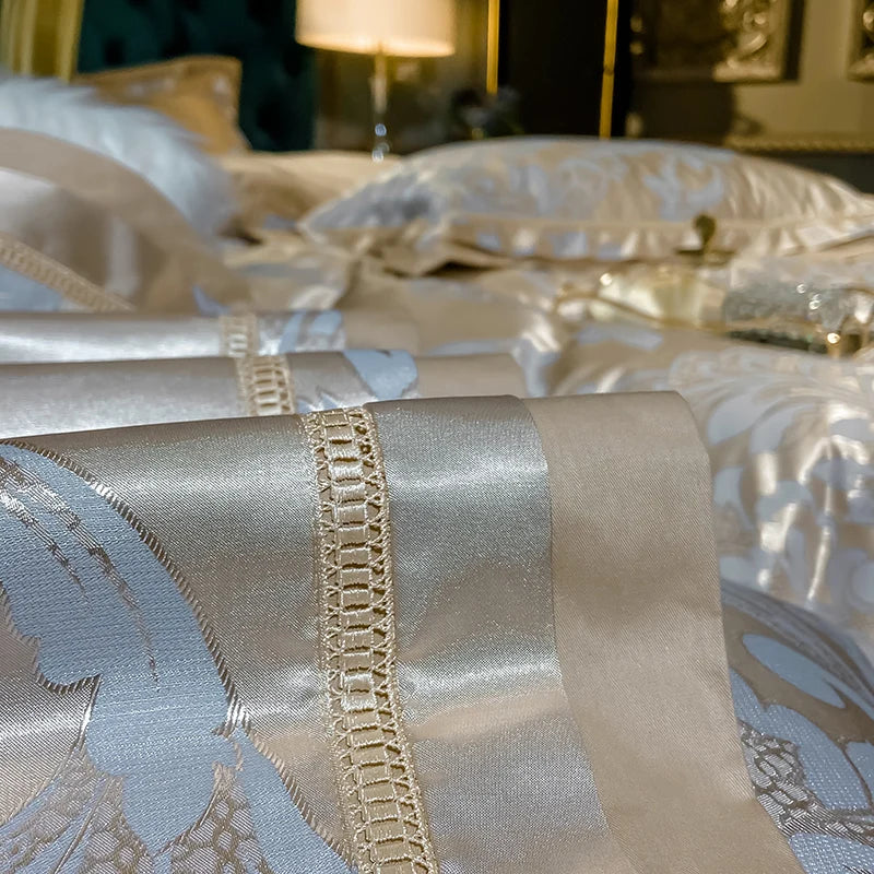 Soft Satin Jacquard Cotton Bedding Set, Luxury Duvet Cover, Blue, Gold, Gray, Queen, King Bed Sheet, Pillowcases, Home Textiles