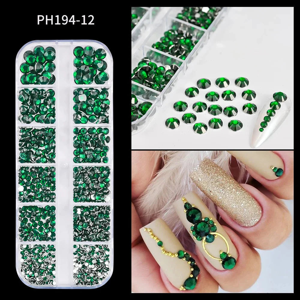 12 Grids Mixed Nail Rhinestones - SS6-SS30 Flat-Back Glass Gems for Nail Art