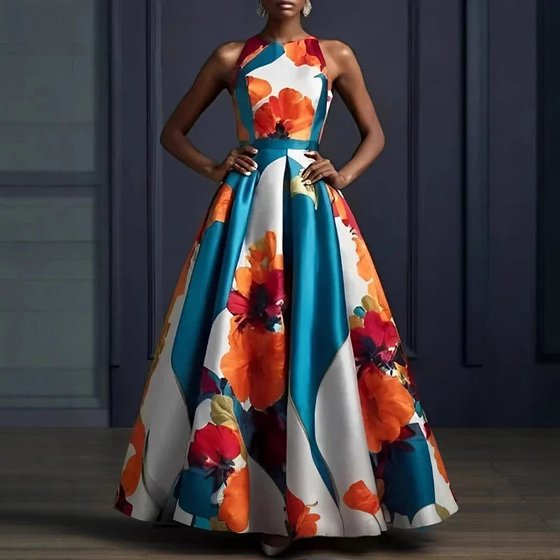 Sexy Sleeveless Floral Hem Long Gown High Waist O Neck Maxi Dress