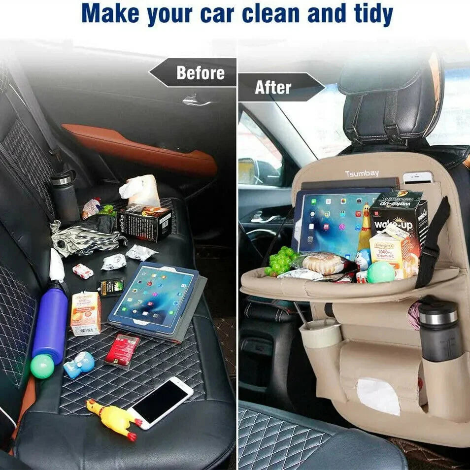 Car Seat Back Organizer with Foldable Table Tray – PU Leather Storage
