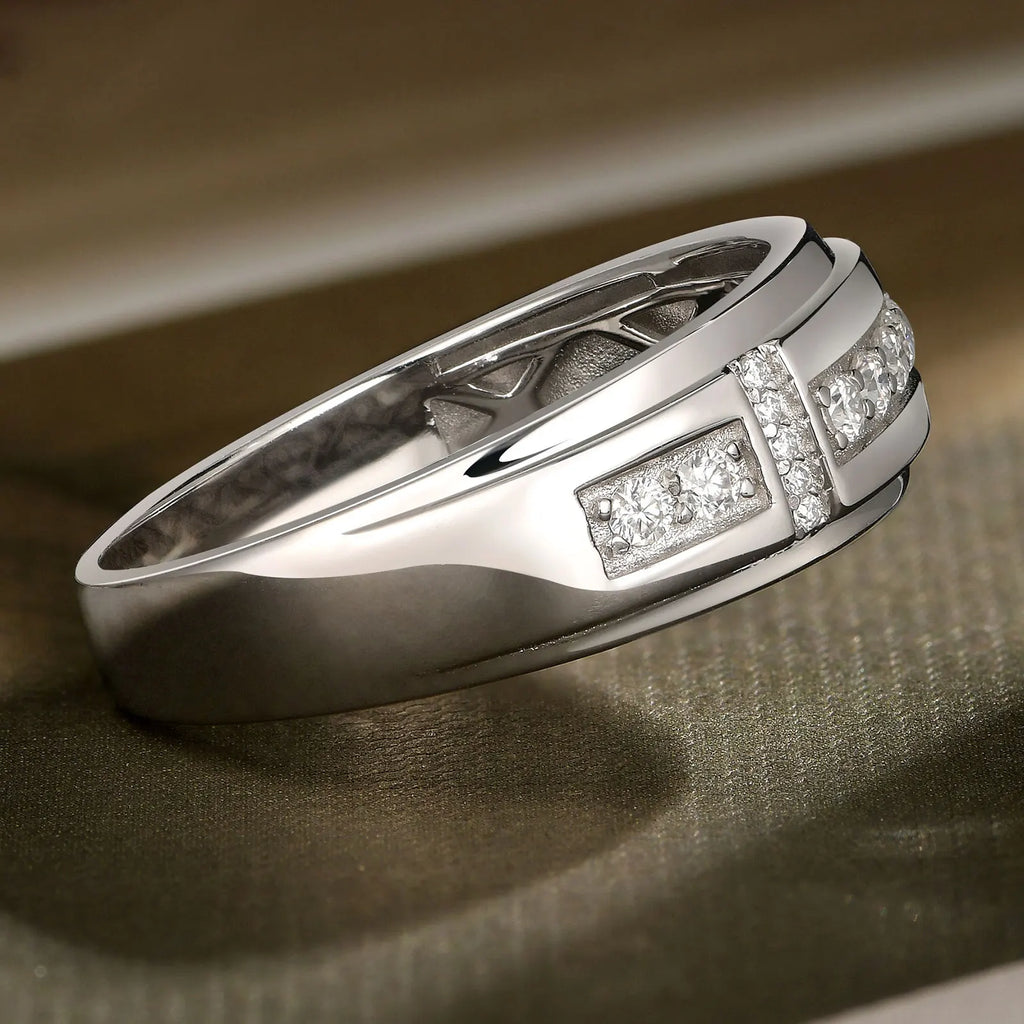 Men Wedding Band 925 Sterling Silver Moissanite Half Eternity Round Engagement Ring