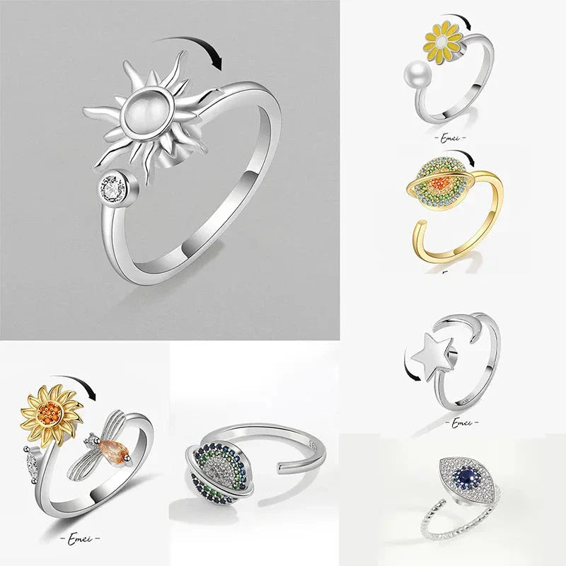 Anti-Stress Spinner Ring for Women – 18K Gold Plated Stainless Steel Fidget Ring with Sunflower & Star Design, Anxiety Relief Jewelry Gift