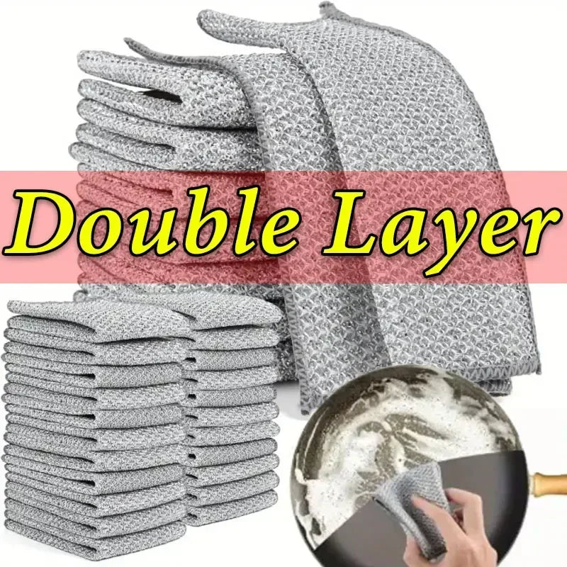 100/1pcs Thickened Steel Wire Cleaning Cloth Non-Scratch Double-layer Microfiber Mesh Wire Rags Washing Dishcloth Kitchen Towel