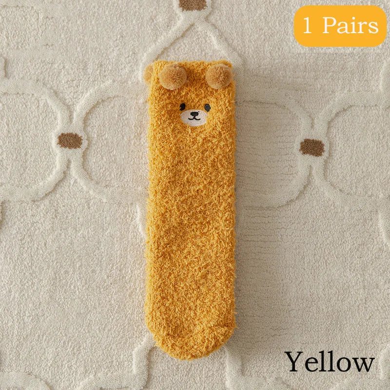 2 Pairs Cute Socks Bear Women Coral Velvet Thick Plush Warm Socks Sleep Fluffy Socks Cute Cartoon Lovely Floor Fuzzy Sock Winter