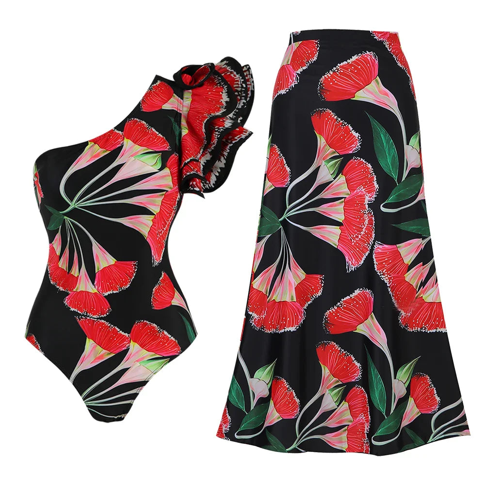 2-Piece Women Brazilian Floral Printed Ruffle Bikinis Strappy Bandage Swimwear