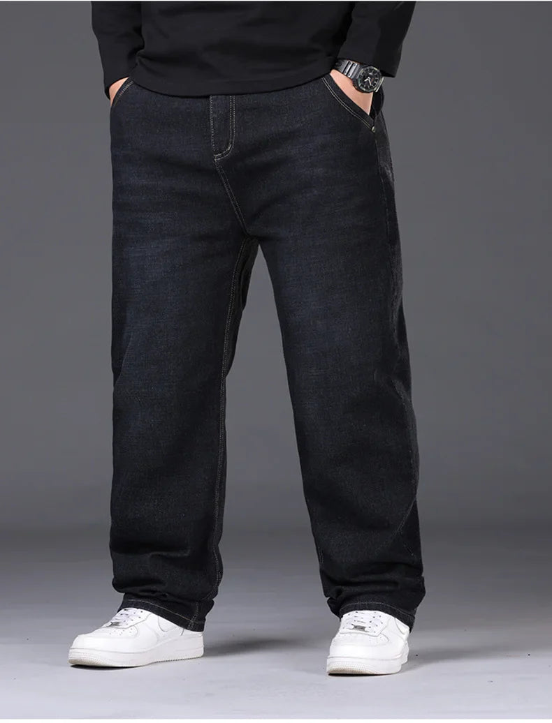 34-50 Sizes Men's Stretch Jeans Straight Leg Denim Pants Extended Sizing Blue/Black Streetwear Relaxed Fit for Work & Casual