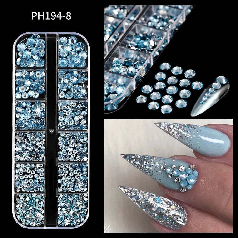 12 Grids Mixed Nail Rhinestones - SS6-SS30 Flat-Back Glass Gems for Nail Art