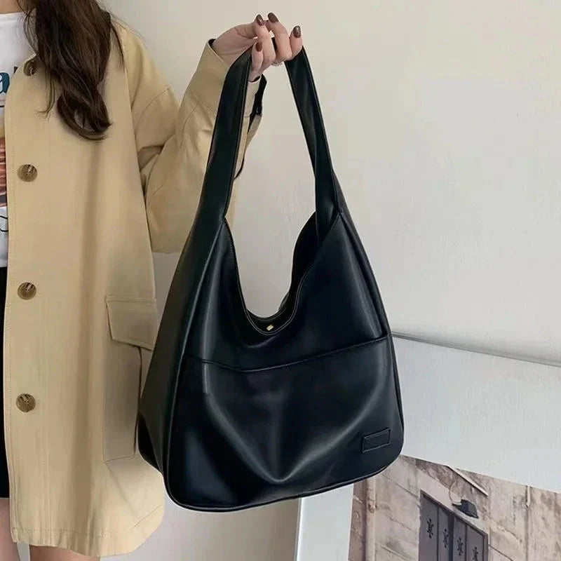Large Capacity Black Leather Tote Bag – Women’s Casual Shoulder Bag