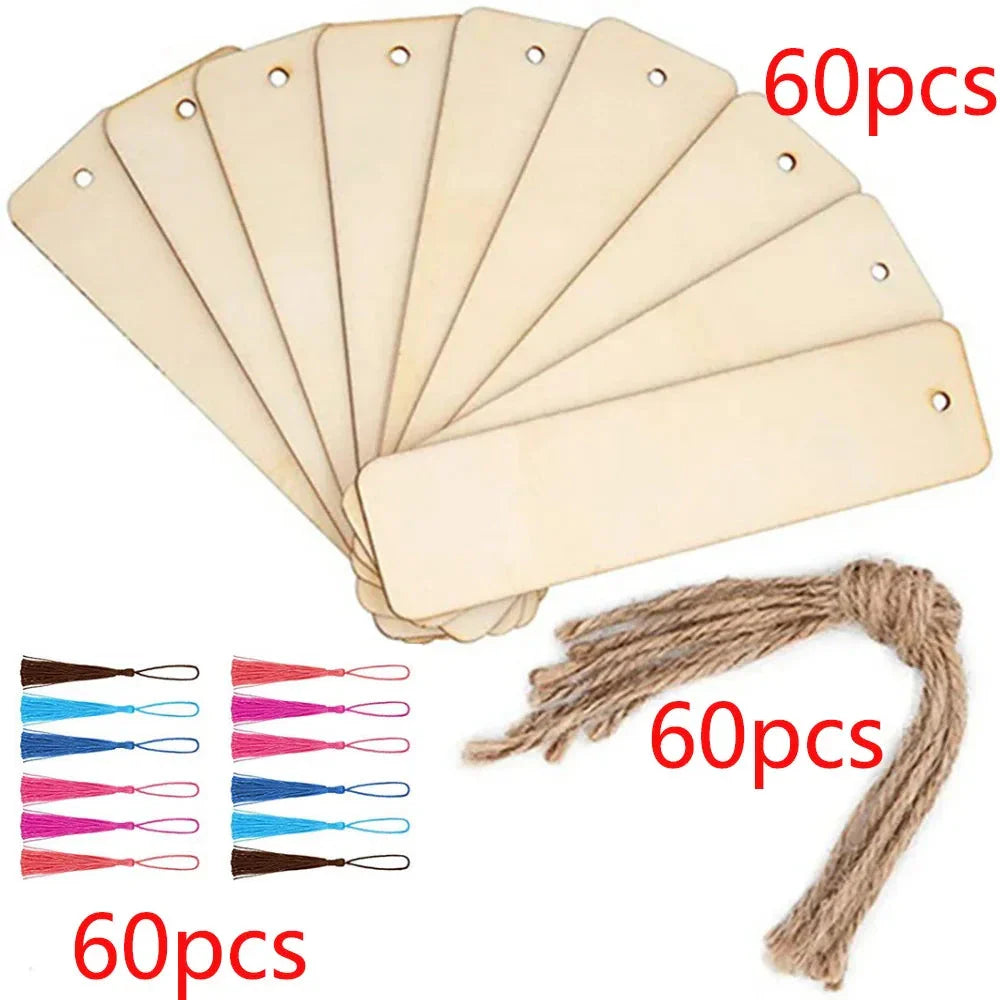 Wooden Bookmarks with Tassel Ropes - 10/20/60Pcs DIY Hanging Labels