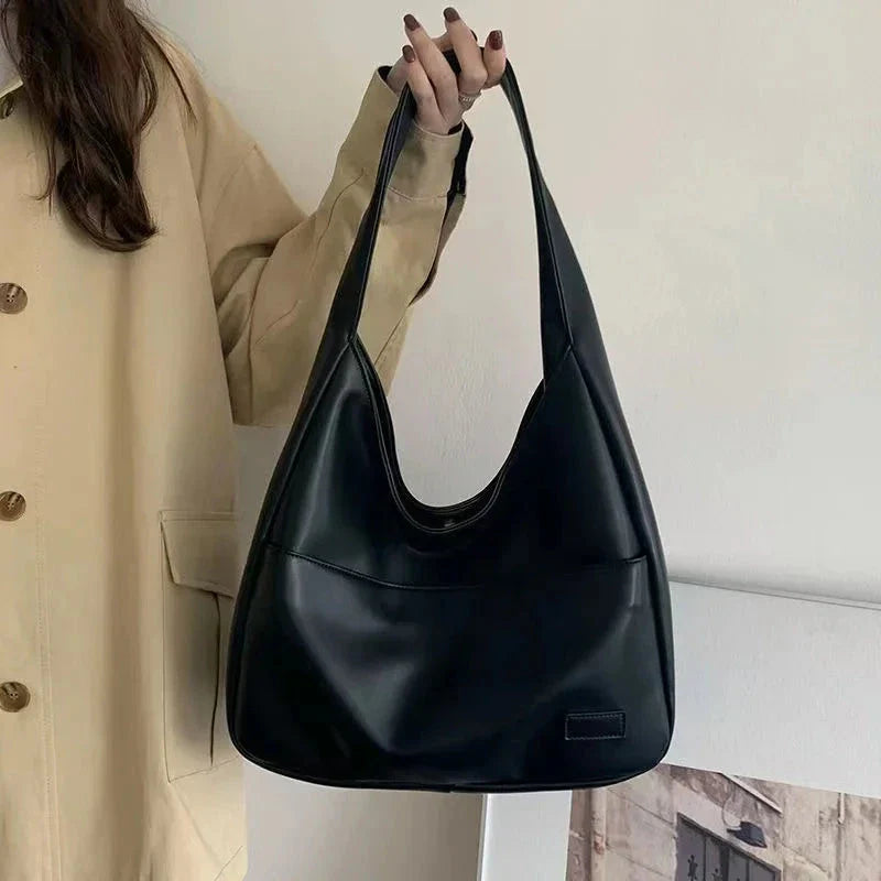 Large Capacity Black Leather Tote Bag – Women’s Casual Shoulder Bag
