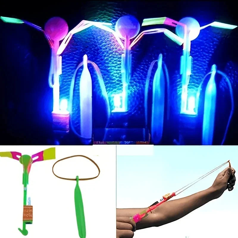 10pcs LED Light Rockets – Flying Toys with Slingshot Launchers