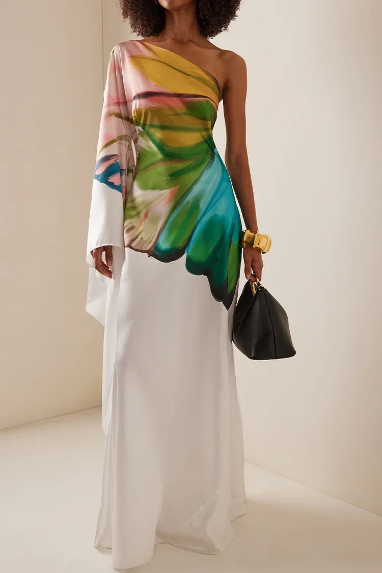 Women Elegant Satin Dress 2025 Oblique Shoulder Papillon Print Dress Maxi Sundress Casual Vintage Printed Loose Long Robe