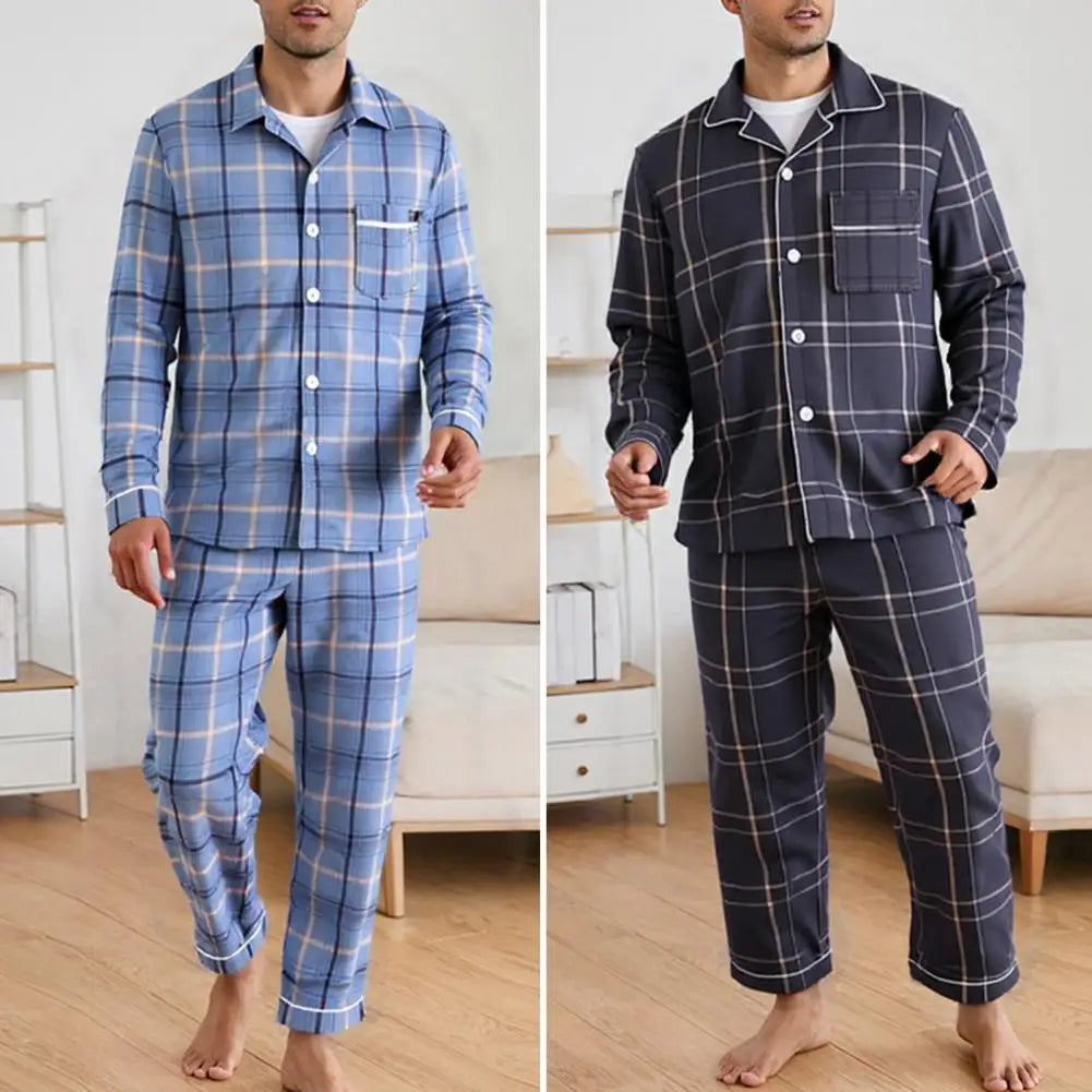 2Pcs Men Pajamas Set Lapel Long Sleeve Single Breasted Tops Elastic Waist Long Pants Comfortable Sleep Set Plaid Print Sleepwear
