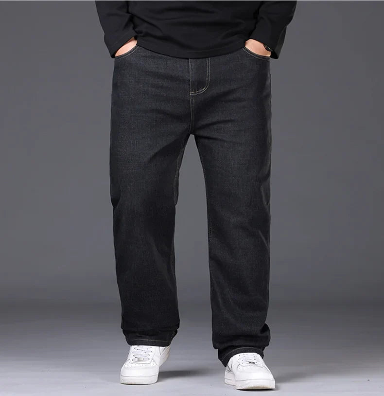 34-50 Sizes Men's Stretch Jeans Straight Leg Denim Pants Extended Sizing Blue/Black Streetwear Relaxed Fit for Work & Casual