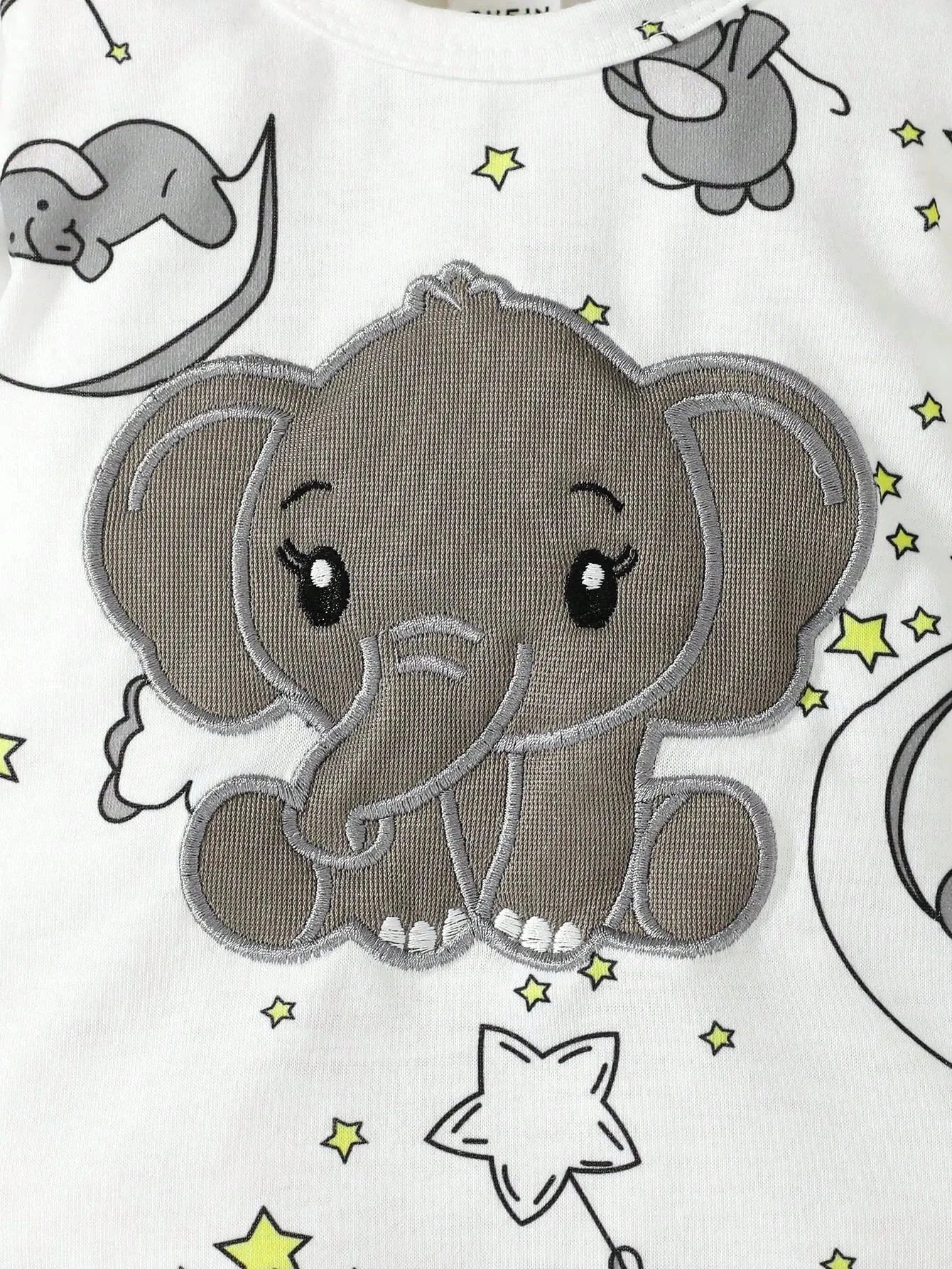 2 PCS Baby Romper with Hat Set Long Sleeve Elephant Embroidery Outfit for Boys & Girls 0–2 Years