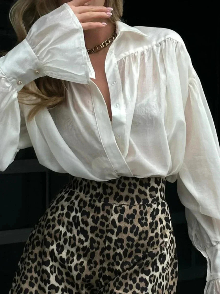 Women’s Autumn Office Shirt – Loose Fit Chiffon Blouse with Flare Sleeves & Turn-Down Collar, Solid Color Long Sleeve Top
