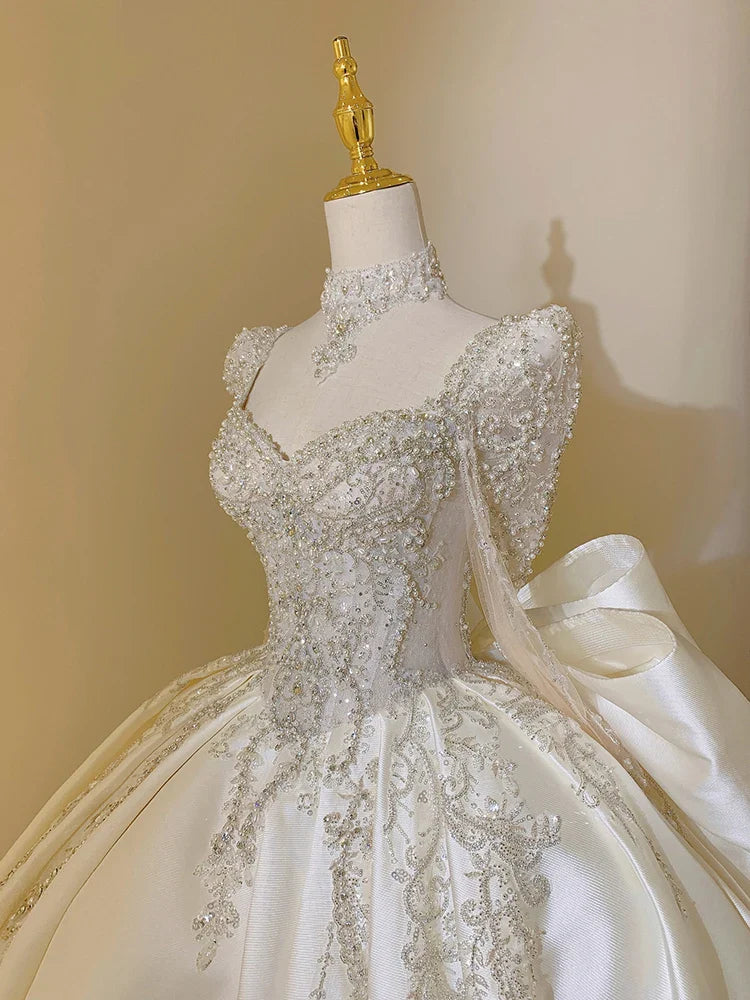 Satin Wedding Dress with Square Collar Lace up Luxury Bridal Ball Gown Floor-Length off the Shoulder with Train