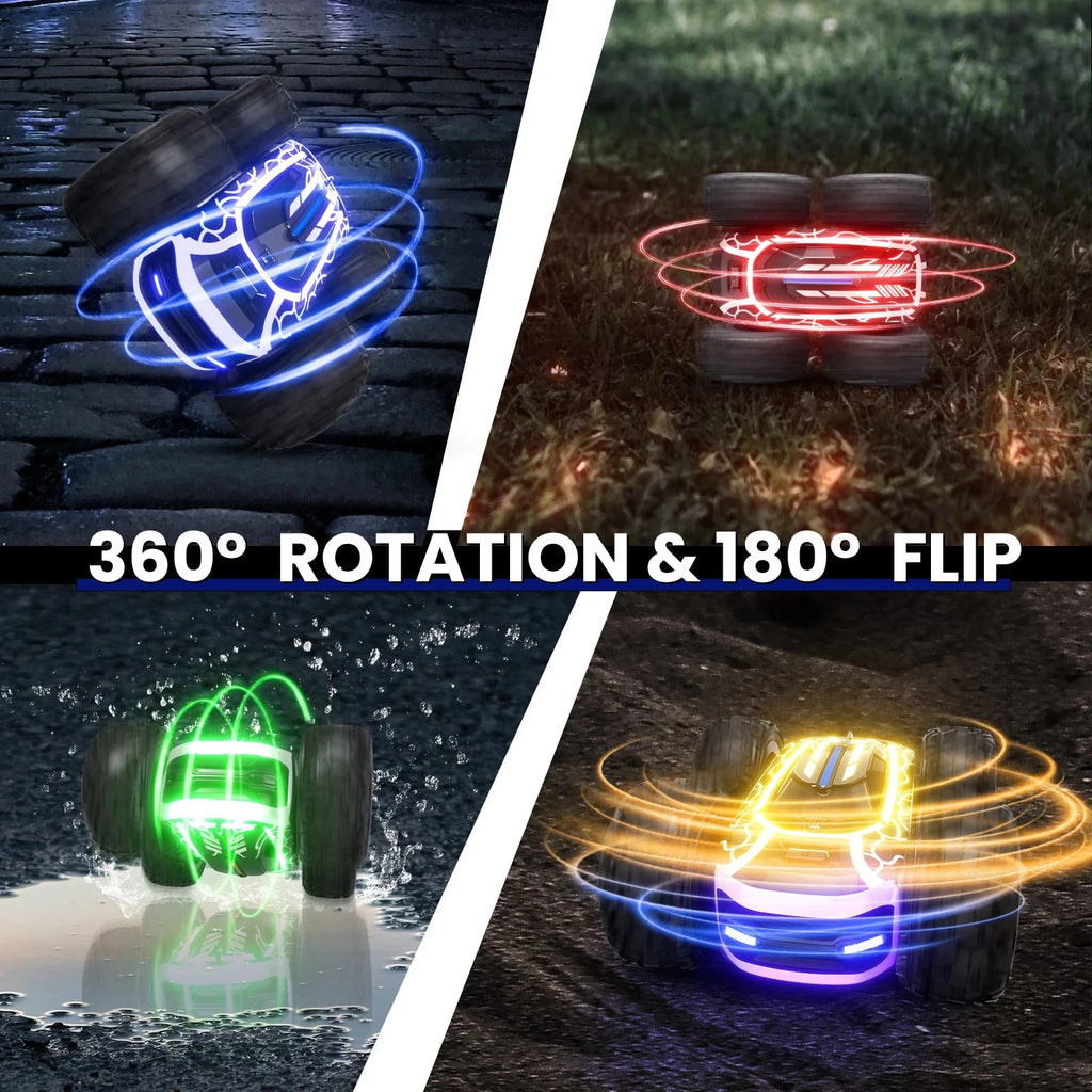 RC Stunt Car with LED Lights - 360° Rotating Double-Sided Remote Control Car for Kids, 2.4GHz, Black