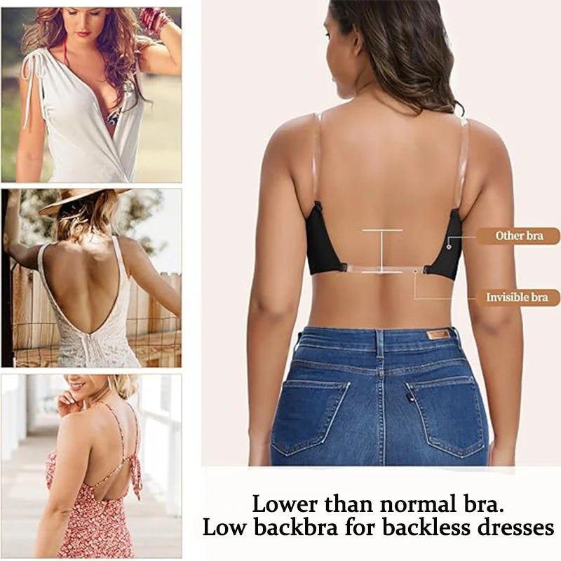Women's Deep U Bra Transparent Strap X-Line Bralette Invisible Invisible Underwear High Stretch Push Up Gathered Lingerie