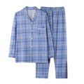 2Pcs/Set Men Pajamas Set Lapel Long Sleeve Single Breasted Tops Elastic Waist Long Pants Set Plaid Print Cotton Linen Sleepwear