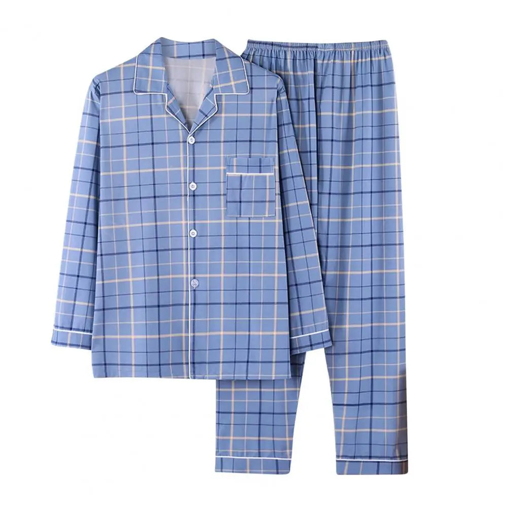 2Pcs/Set Men Pajamas Set Lapel Long Sleeve Single Breasted Tops Elastic Waist Long Pants Set Plaid Print Cotton Linen Sleepwear