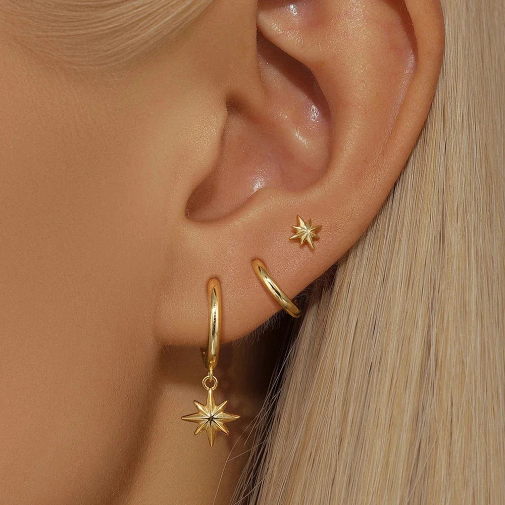 3-Piece Star Drop Earrings Set – 18K Gold Stainless Steel Dangle Jewelry