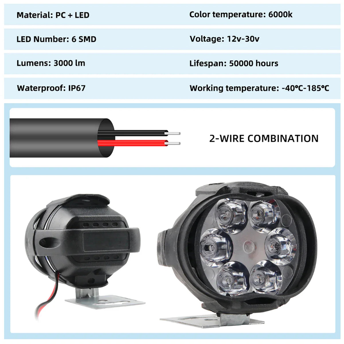 2PCS 6 LED Motorcycle Headlight Waterproof Scooters Spotlight Car Auxiliary Lamp Fog Bulb Work Lights white Universal 12v