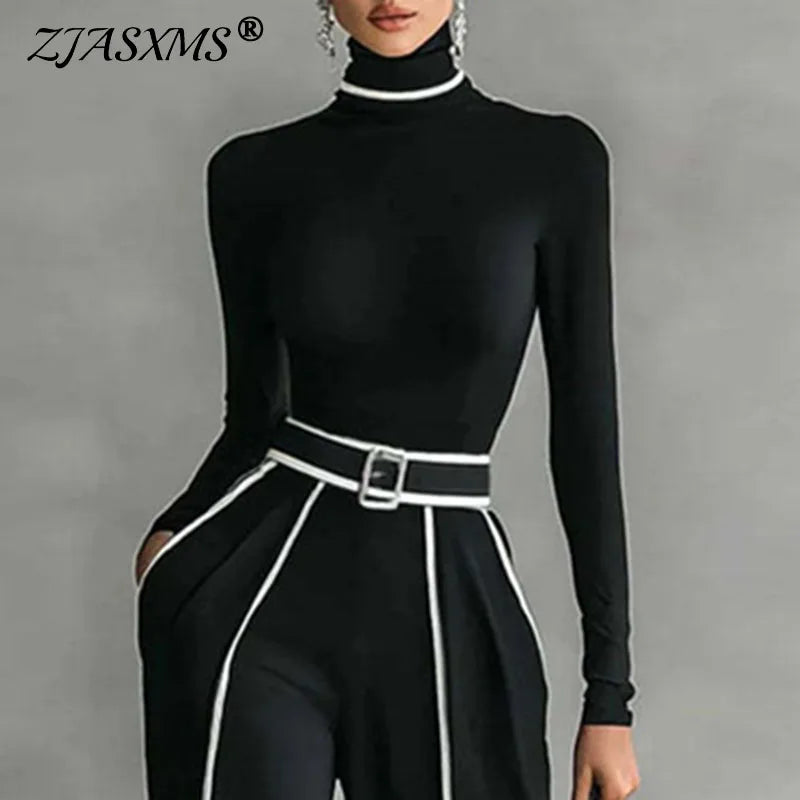2 Piece Set Autumn/Winter Striped Print Elegant Stand Collar Slim Top Pullover & Wide Leg Trousers Suit