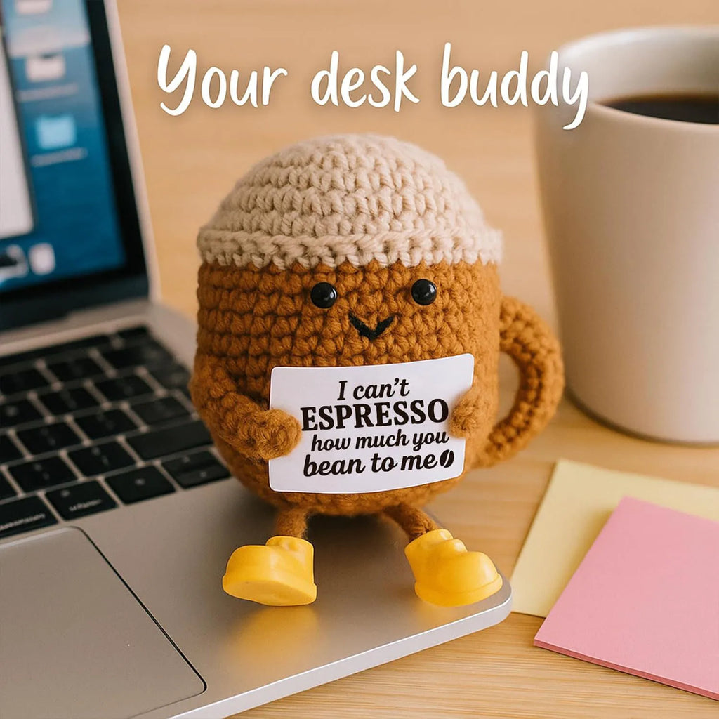 Funny Crochet Emotional Support Coffee Doll With Card Desktop Ornament Handmade Knitted Coffee Dolls Christmas Gifts Home Decor