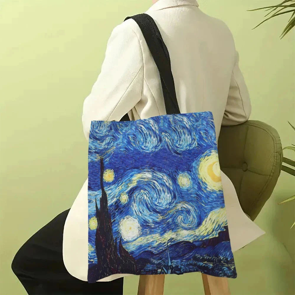 Van Gogh Canvas Bag – Starry Night & Sunflower Oil Painting Handbag