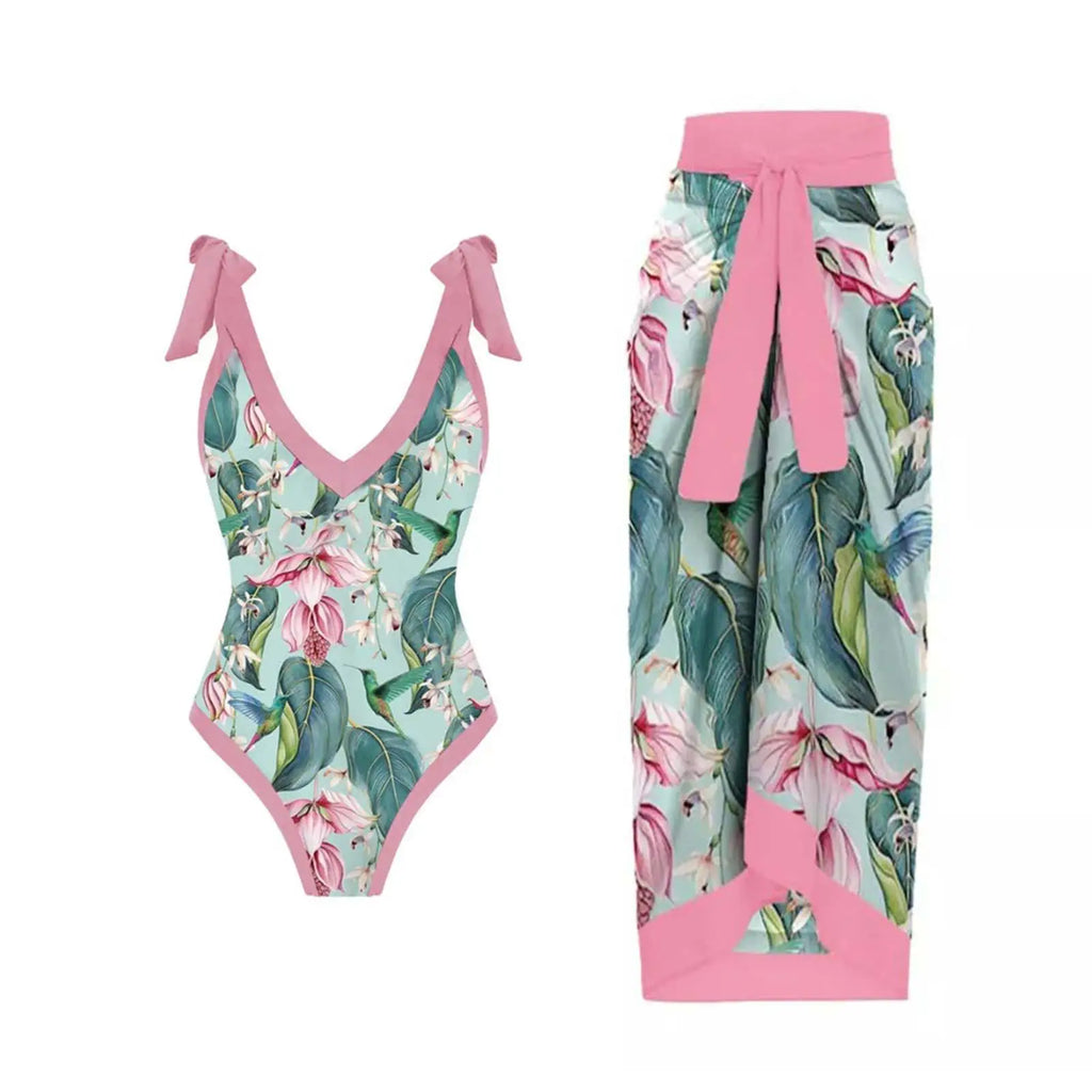 2-Piece Women Brazilian Floral Printed Ruffle Bikinis Strappy Bandage Swimwear