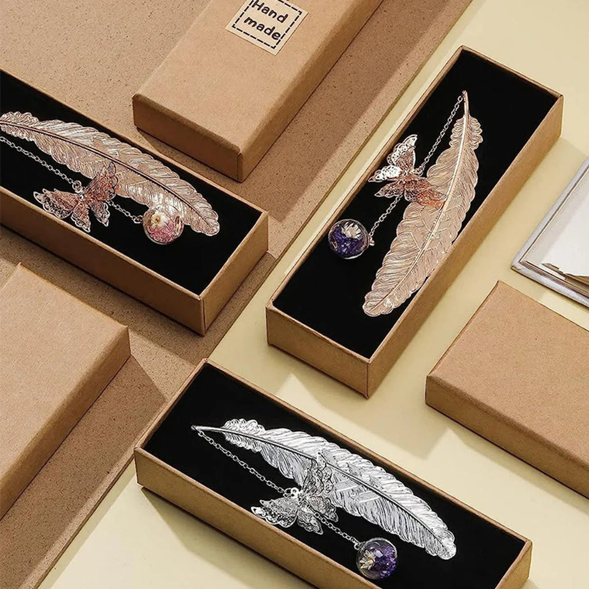 1pc Chinese Style Metal Feather Bookmark Creative Immortal Dried Flower Butterfly Leaf Student Bookmark Teacher's Day Gift