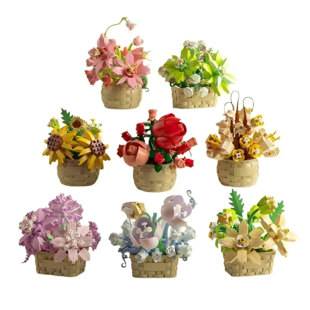 DIY Potted Plant Building Blocks Set - Rose Sunflower Succulents Bonsai Tree Romantic Garden Kids Model Bricks Toy Kit
