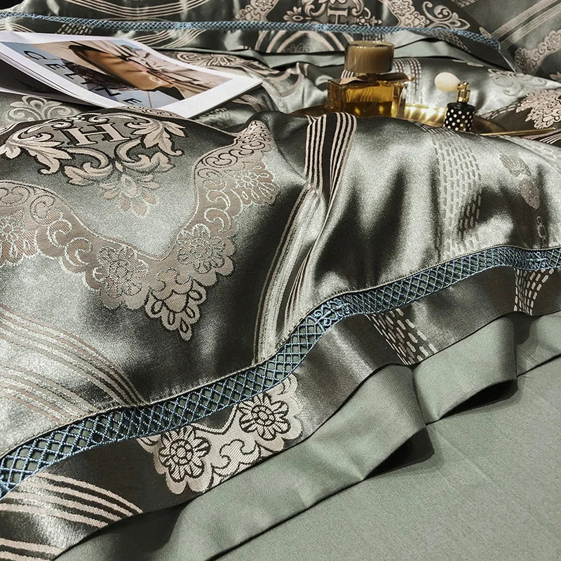 Soft Satin Jacquard Cotton Bedding Set, Luxury Duvet Cover, Blue, Gold, Gray, Queen, King Bed Sheet, Pillowcases, Home Textiles