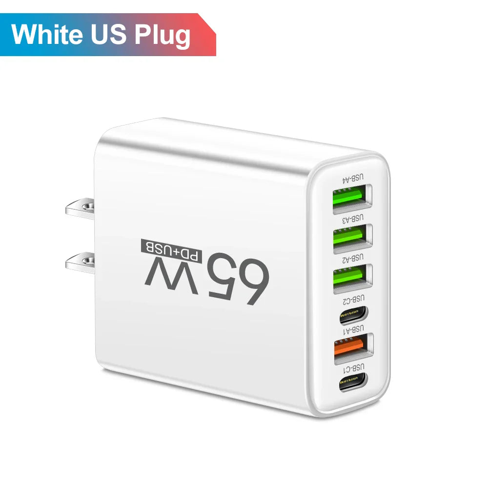 65W 6 in 1 4 USB 2 Type C Quick Charging Fast Wall Charger For iPhone Samsung Xiaomi Huawei Oppo Mobile Phone Adapter