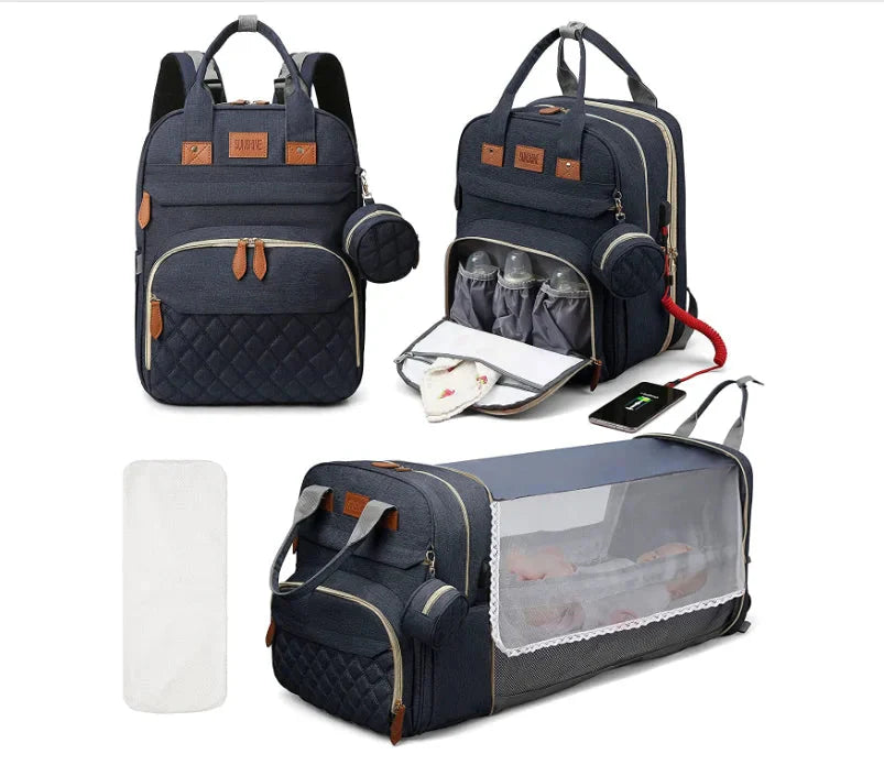 3 in 1 Diaper Bag Backpack with Foldable Baby Bed & USB