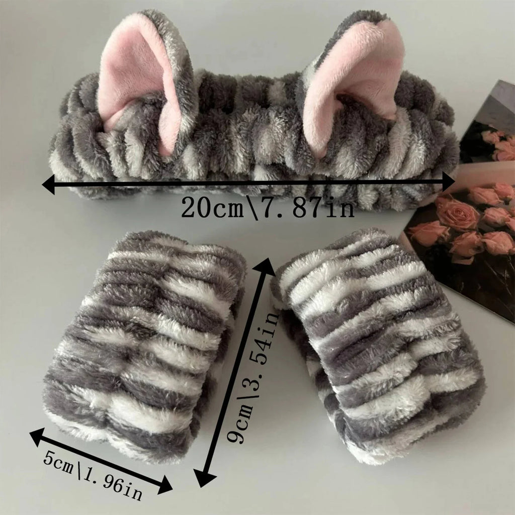 3pcs Wash Face Headband Soft Comfortable Plush Headband Wrist Strap Set For Girls Cartoon Cat Ear Shaped Wash Up Headband Kit