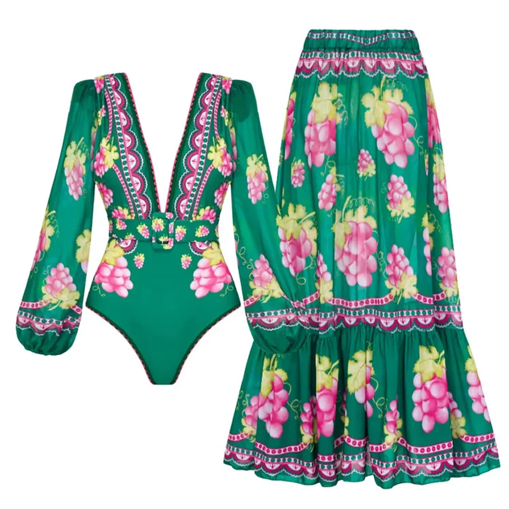 Swimwear 2PC Cover-up Swimsuit Ruffle Printed Deep V One-piece Kimono Bikini Suit
