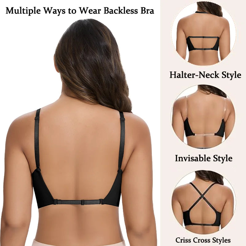 Women's Deep U Bra Transparent Strap X-Line Bralette Invisible Invisible Underwear High Stretch Push Up Gathered Lingerie