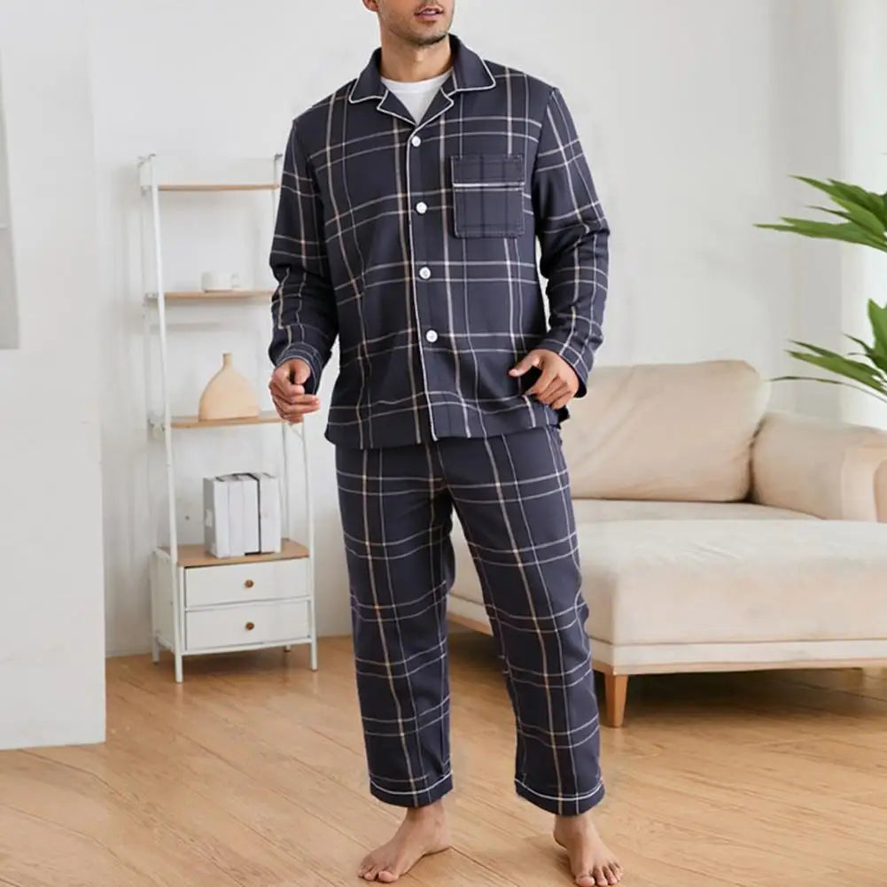 2Pcs Men Pajamas Set Lapel Long Sleeve Single Breasted Tops Elastic Waist Long Pants Comfortable Sleep Set Plaid Print Sleepwear