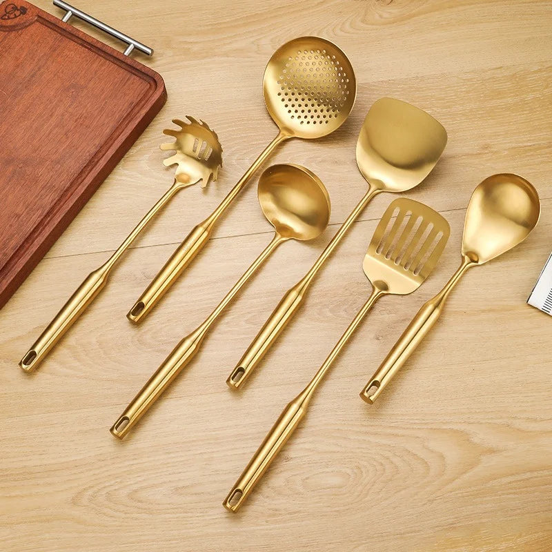 1/7Pcs Stainless Steel Kitchenware - Gold Soup Spoon Noodle Colander Hot Pot Spoon Rice Spoon Kitchen Cooking Frying Tool