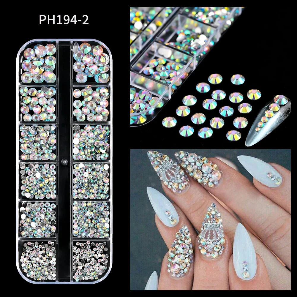12 Grids Mixed Nail Rhinestones - SS6-SS30 Flat-Back Glass Gems for Nail Art