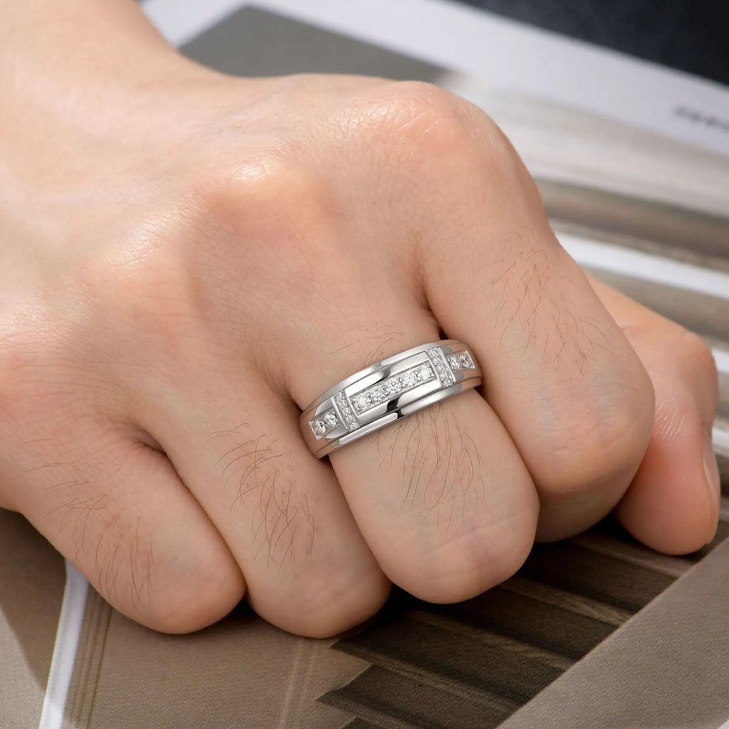 Men Wedding Band 925 Sterling Silver Moissanite Half Eternity Round Engagement Ring