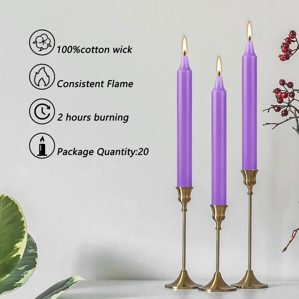 20-Piece Purple 4-Inch Drip-Free Soy Wax Dinner Candles – Smokeless, Fragrance-Free, Hand-Pulled for Weddings, Parties, and Home Décor